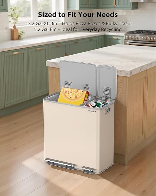 Dual Trash and Recycling Bins for Kitchen, 13.2 + 5.2 Gal Stainless Steel Trash