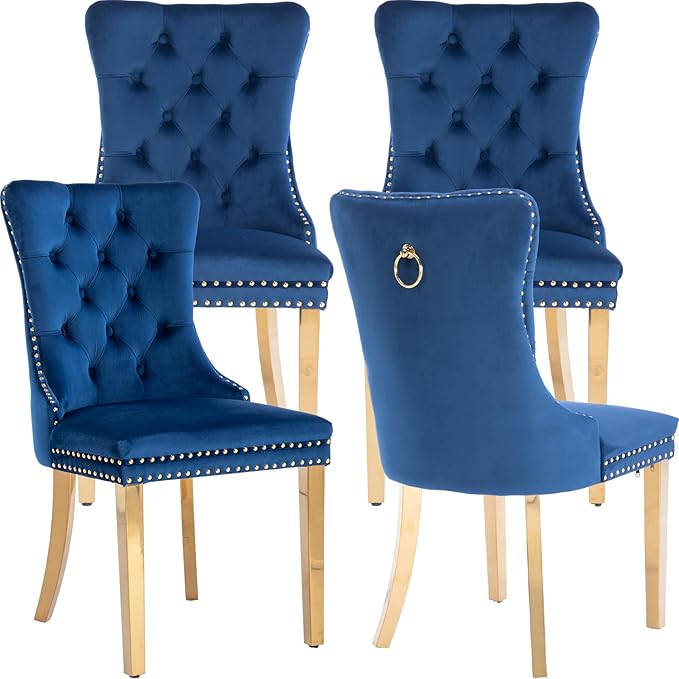 Mid Century Modern Dining Chairs Set of 4, Blue Velvet Upholstered Tufted Bac...