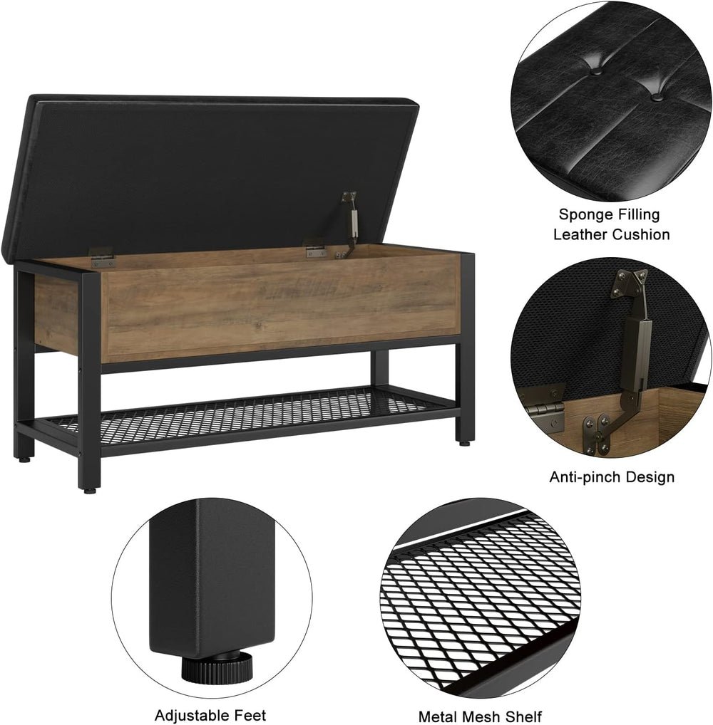 HOSTACK 40" W Storage Bench, Entryway Shoe Bench with Cushion, Rustic Brown