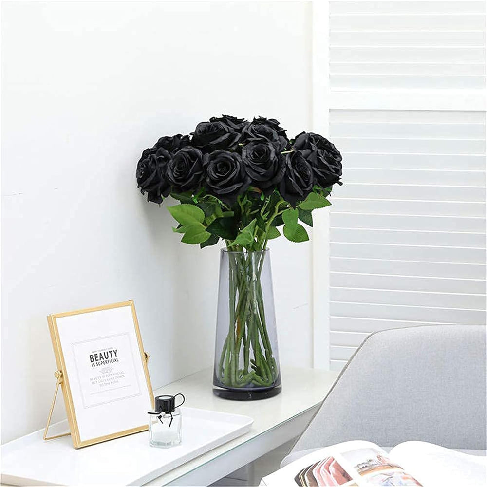 50Pcs Black Roses Artificial Flowers, Real Touch Velvet Fake Roses Bouquet
