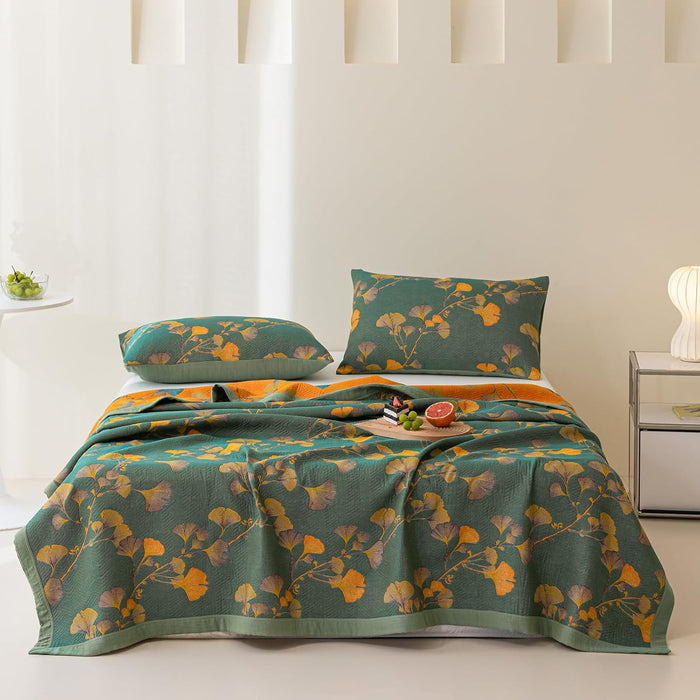 100% Cotton Jacquard Quilt Floral Ginkgo Leaves Print,Soft Muslin Bed Cover 3 Layers Reversible Bedspread Coverlet Breathable Lightweight Bedding,Full/Queen(78"x94"), No Pillow Sham