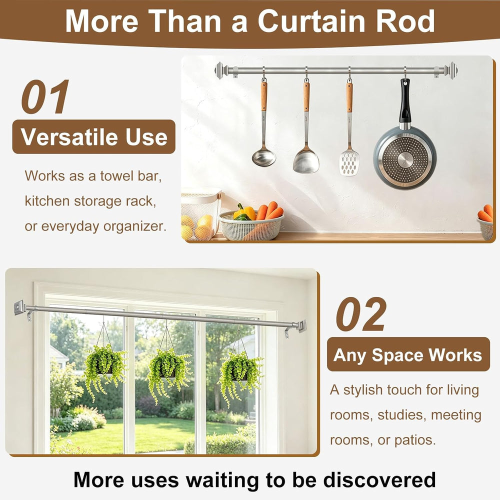 KAMANINA Silver Curtain Rod for Windows 72 to 144 Inch, Long Heavy Duty