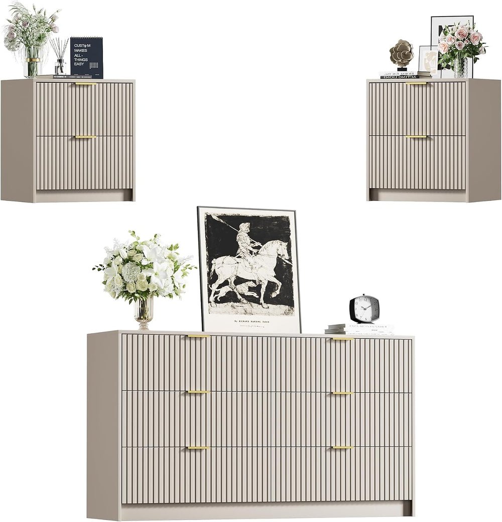 3 Piece Modern Bedroom Set, 6 Drawer Dresser with 2 Nightstands, Beige