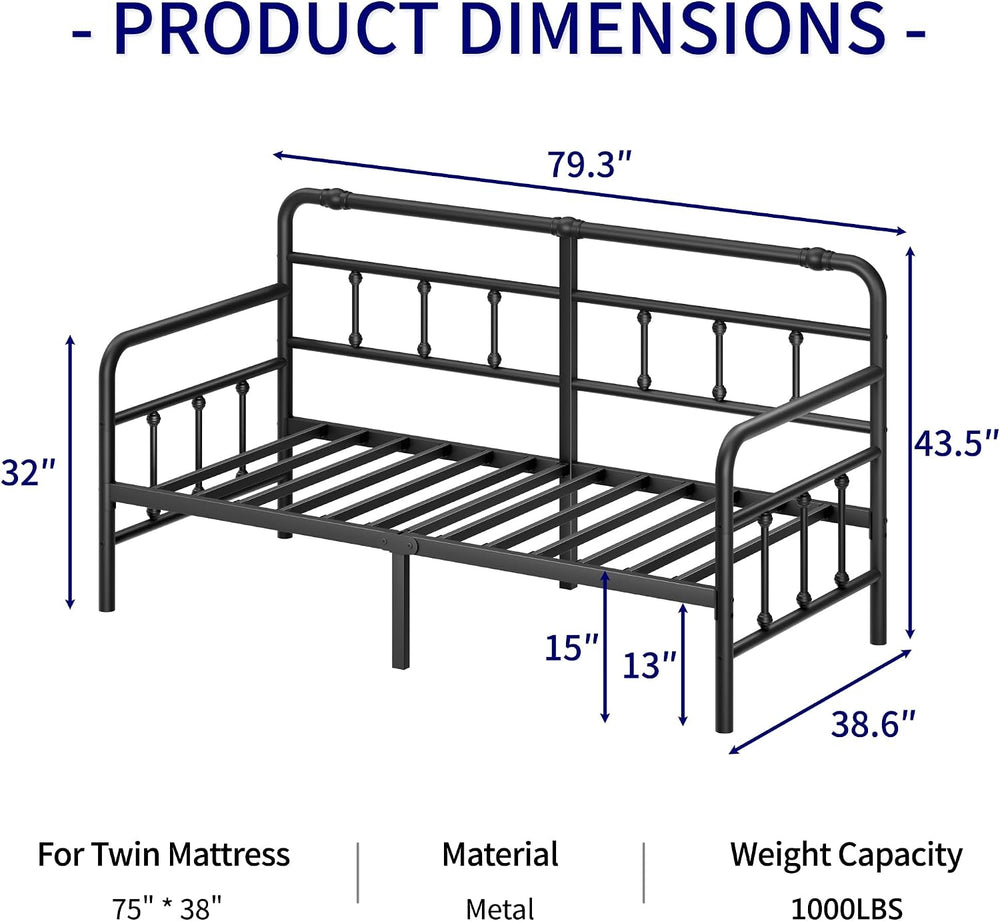 14 Inch Daybed Twin Metal Bed Frame with Headboard (Art Deco)