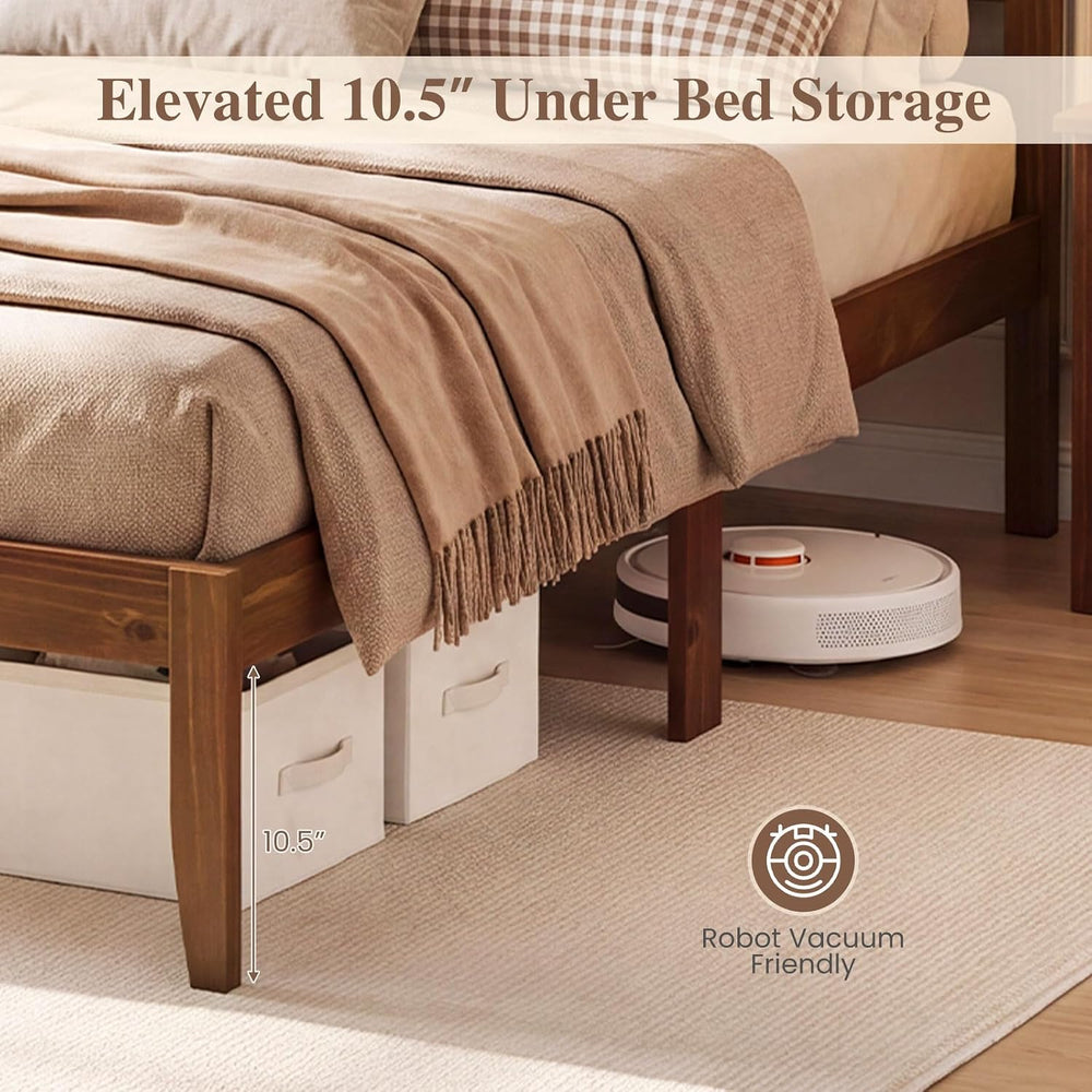 KOMFOTT Full Size Bed Frame, Farmhouse Wooden Bed with Slatted Headboard