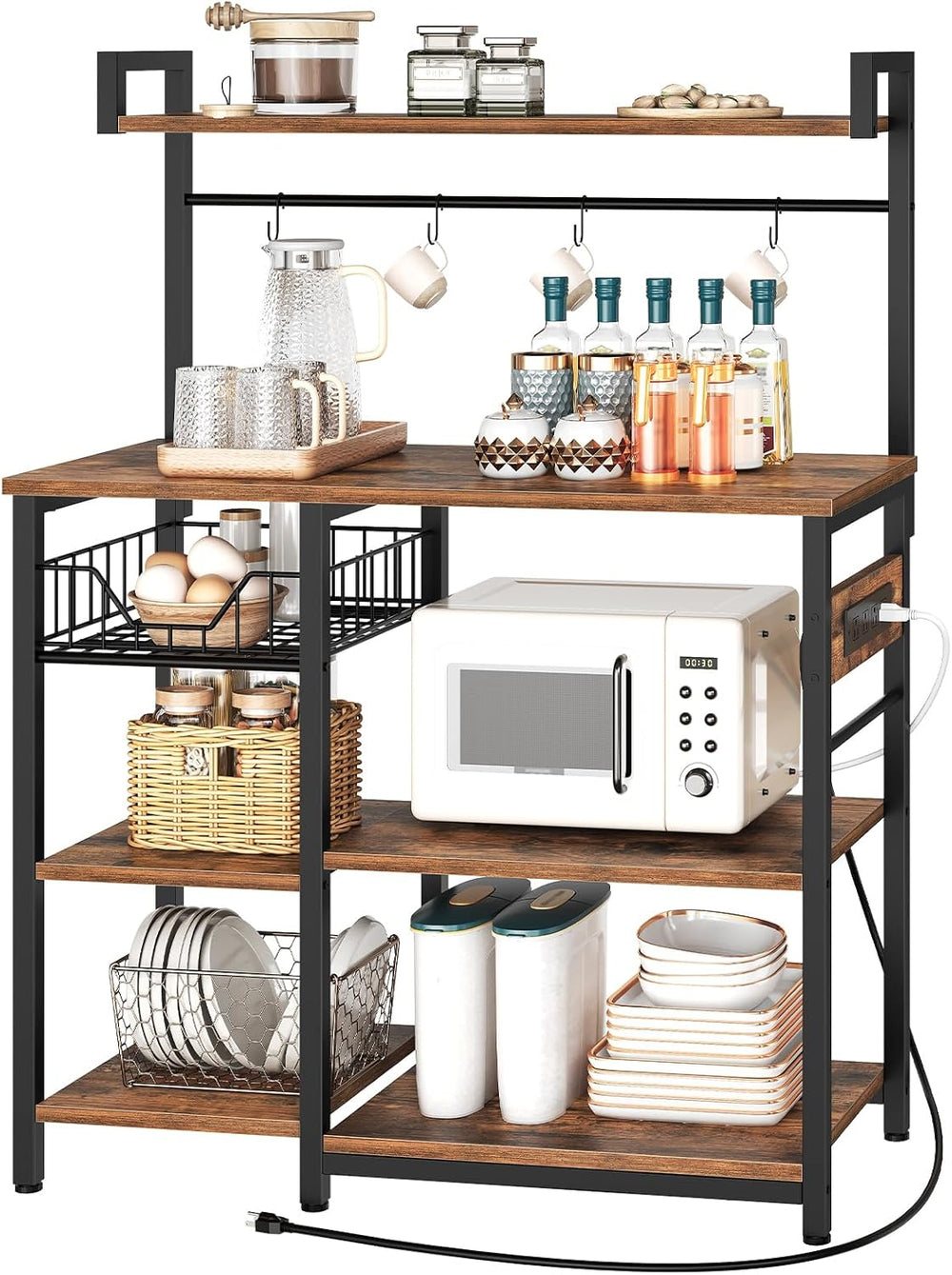 HOOBRO Bakers Rack with Power Outlet, 35.4 Inches Coffee Bar with Mesh Basket...