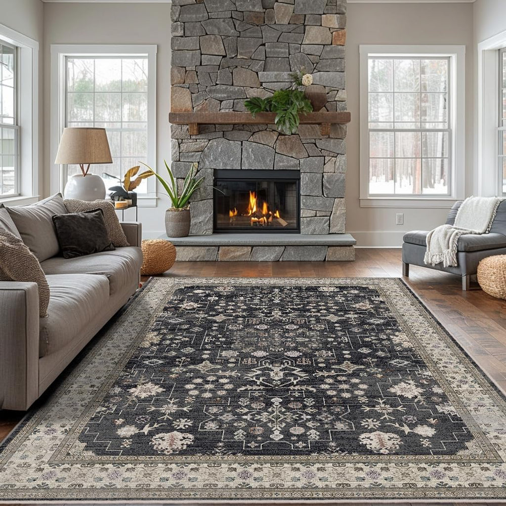 8x10 Washable Area Rugs for Living Room (Charcoal Blush Ivory)