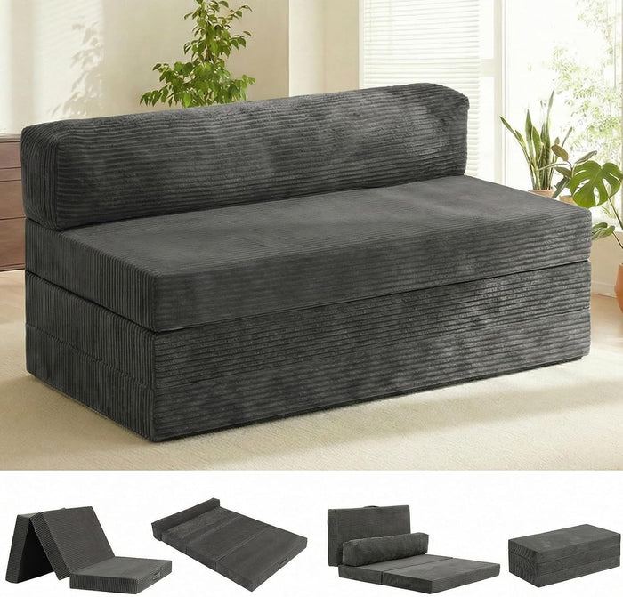 5-in-1 Convertible Sofa Bed, Boneless Loveseat, Tri-fold Futon Sofa Bed with Removable Cushions & Washable Cover, Pull Out Couch with Handle, for Small Spaces, Queen Size, Grey