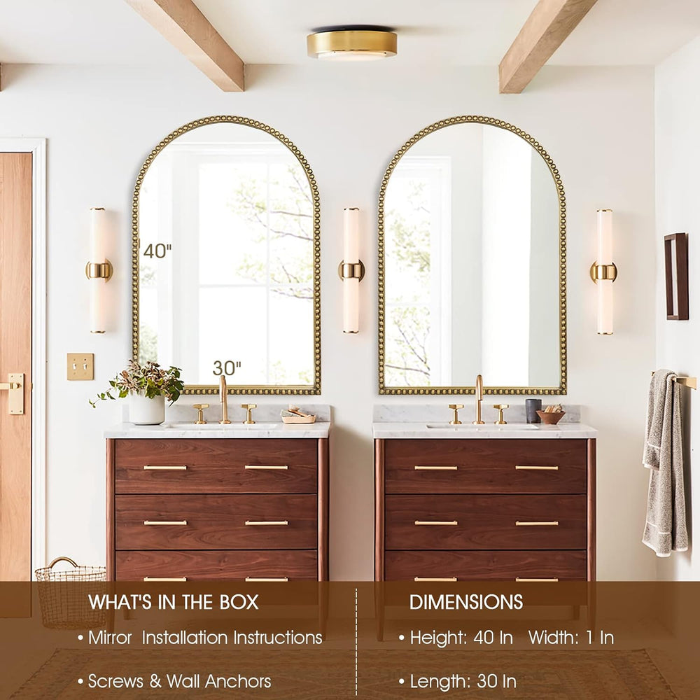 Arched Wall Mirror for Bathroom, 30"x40" Metal Beaded Frame Decorat...