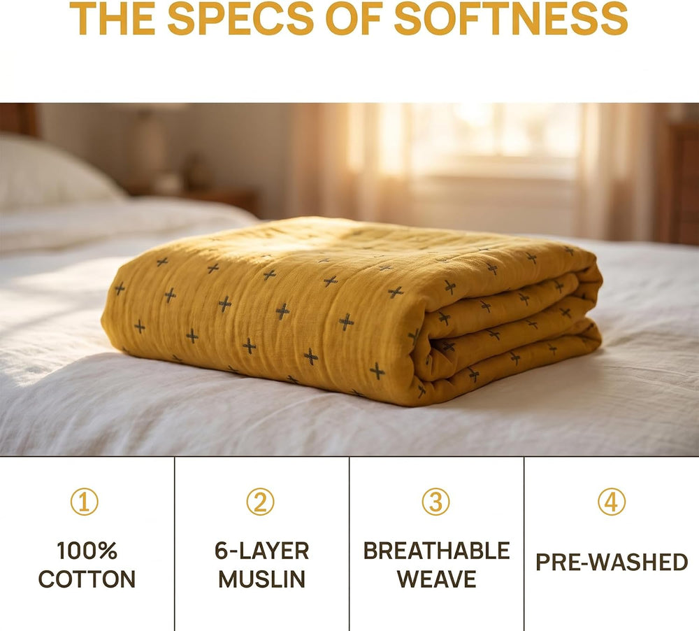 SANACYNA Cotton Muslin Blankets for Adults King 6-Layer Gauze Yellow