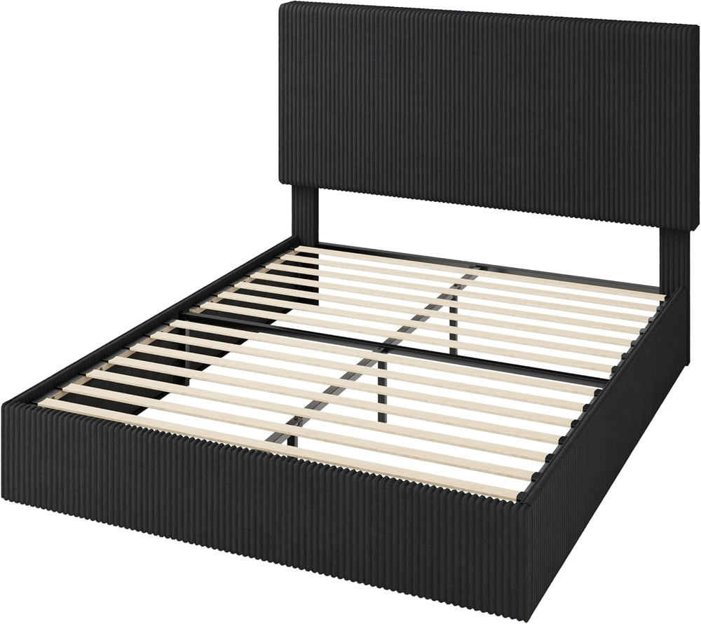 Allewie Full Bed Frame, Adjustable Corduroy Headboard, Platform, Black