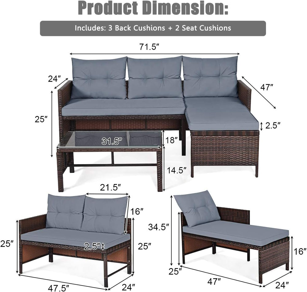 HAPPYGRILL 3 PCS Patio Conversation Set Sectional Rattan Wicker Sofa Set with...