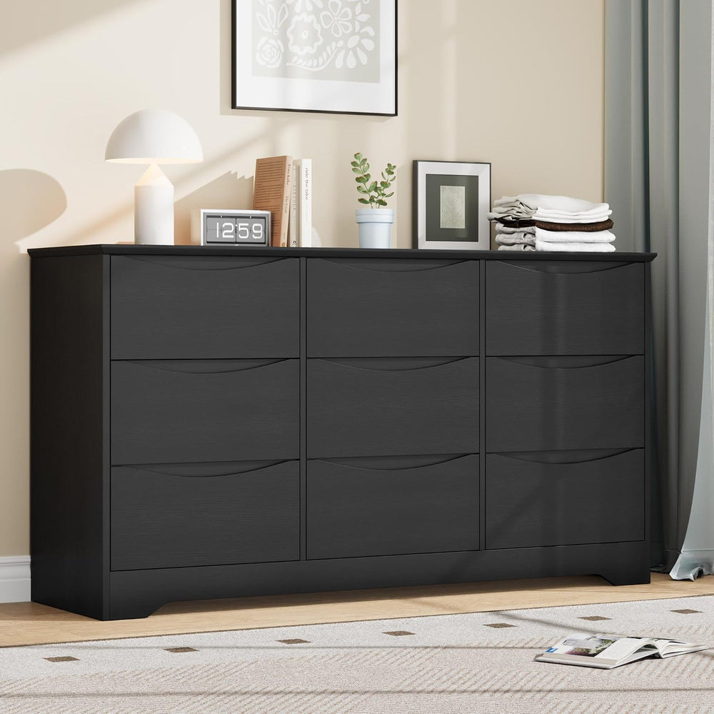 Garvee Wooden Dresser with 9 Drawers, Tall Closet with Deep Storage, Black