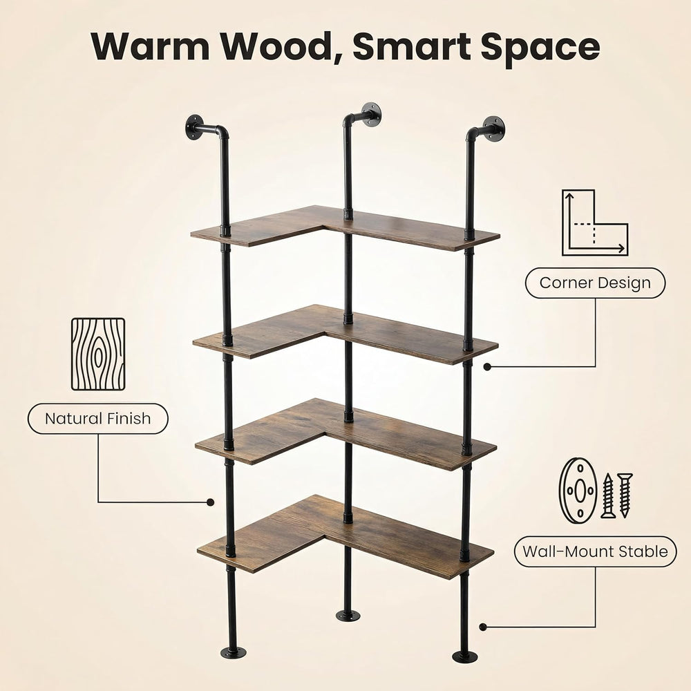 Industrial Pipe Corner Bookshelf, Wall Ladder Shelves/Shelving/Bookcase | 4 T...