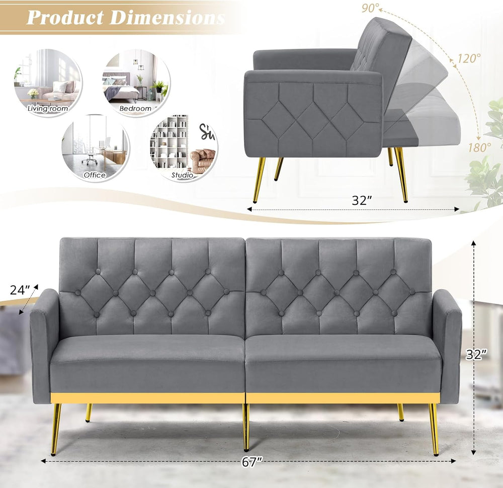 Velvet Sofa Bed w/Adjustable Armrests & Backrests, Grey