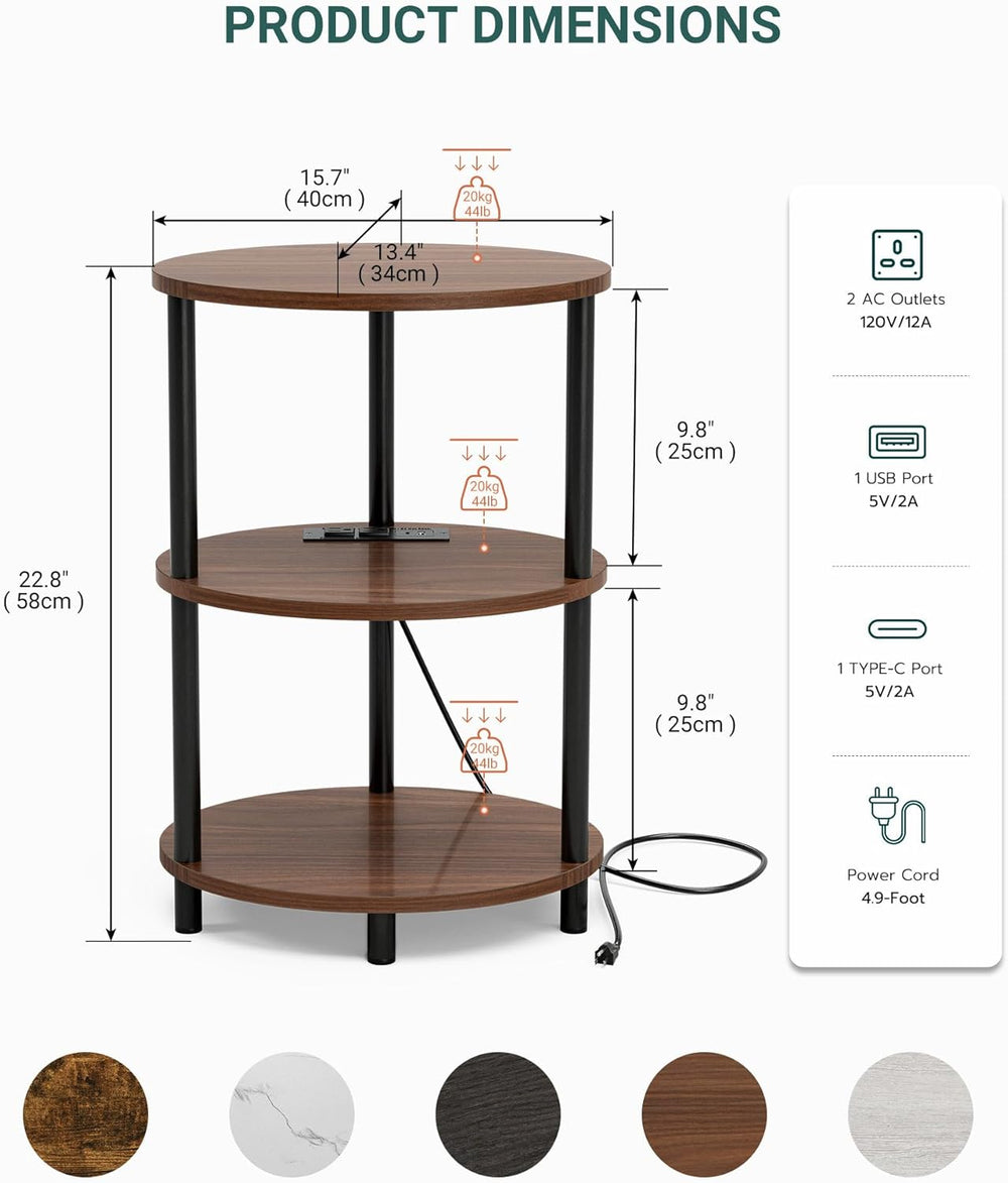 Small Round Side Table - 3-Tier Oval Accent Table for Small Spaces, Rustic Wo...