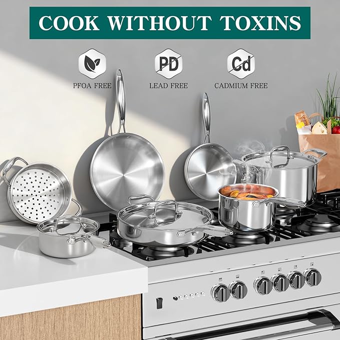 EWFEN Pots and Pans Set, 3 Ply 11 Piece Stainless Steel Cookware Set, Oven