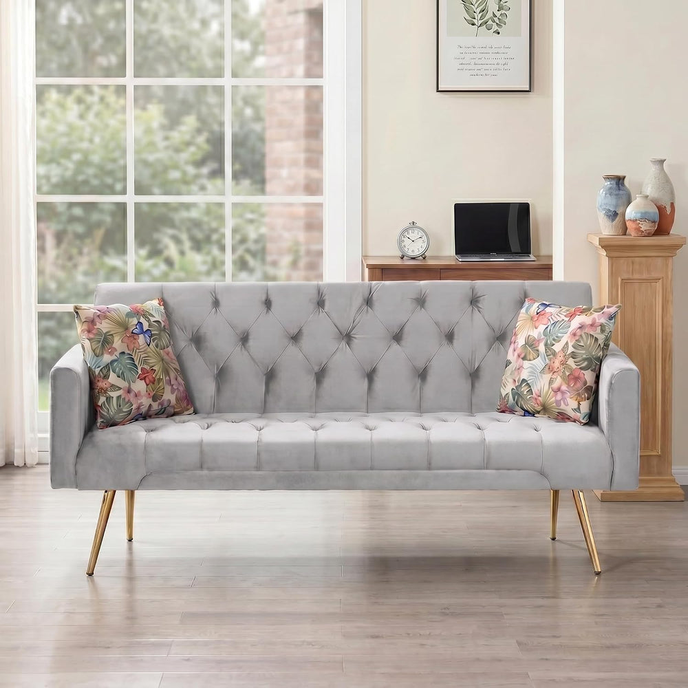 Futon Sofa Bed with Adjustable Backrest, Convertible Futon Couch with 2 Pillo...