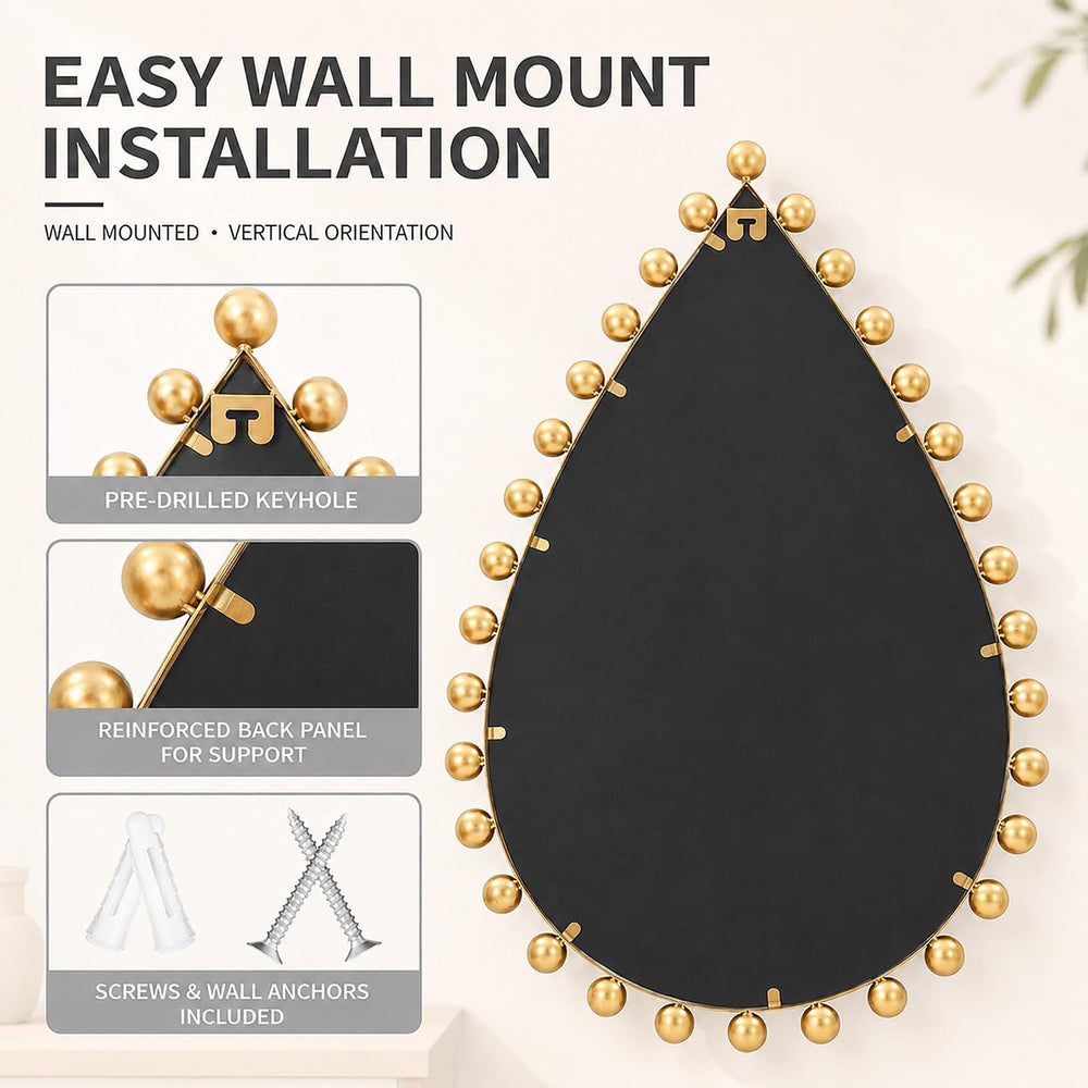 24x36 inch Teardrop Wall Mirror, Antique Gold Beaded Ball Frame