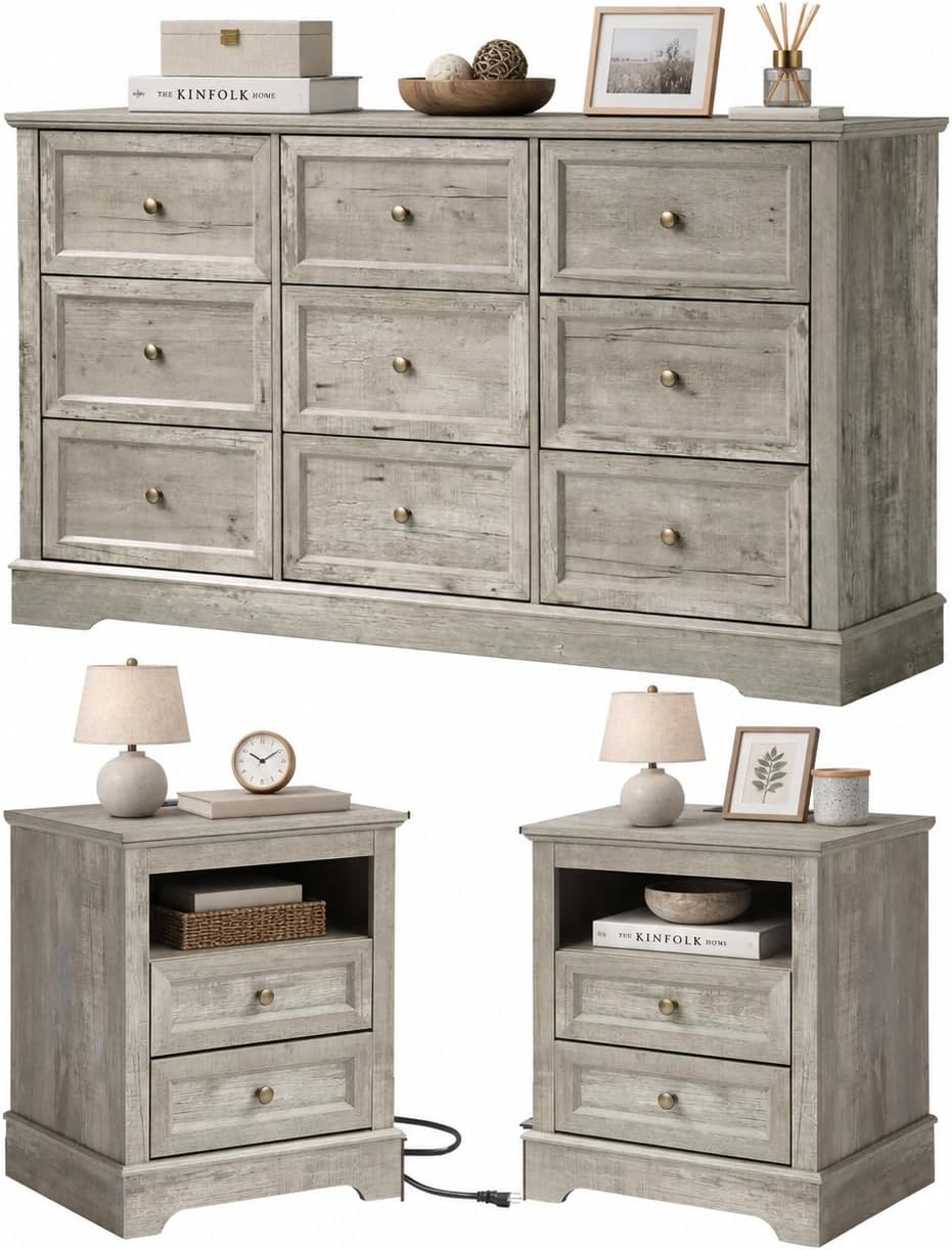 LOUVIXA Farmhouse Bedroom Sets of 3, Including 9 Drawer Dresser, Nightstand S...