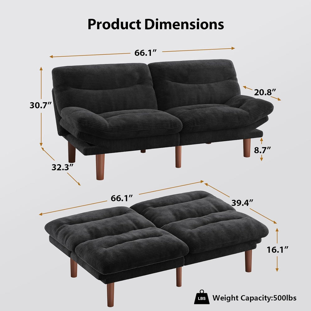 Pipishell Convertible Futon Sofa Bed, Corduroy, 66 inch, Jet Black