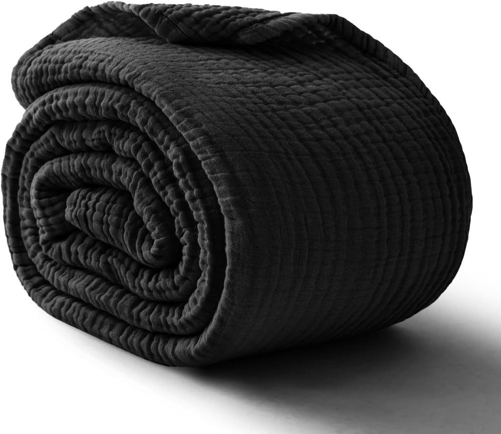 100% Cotton Muslin Blanket for Adults, 6-Layer Twin Throw, 60 x 80, Black