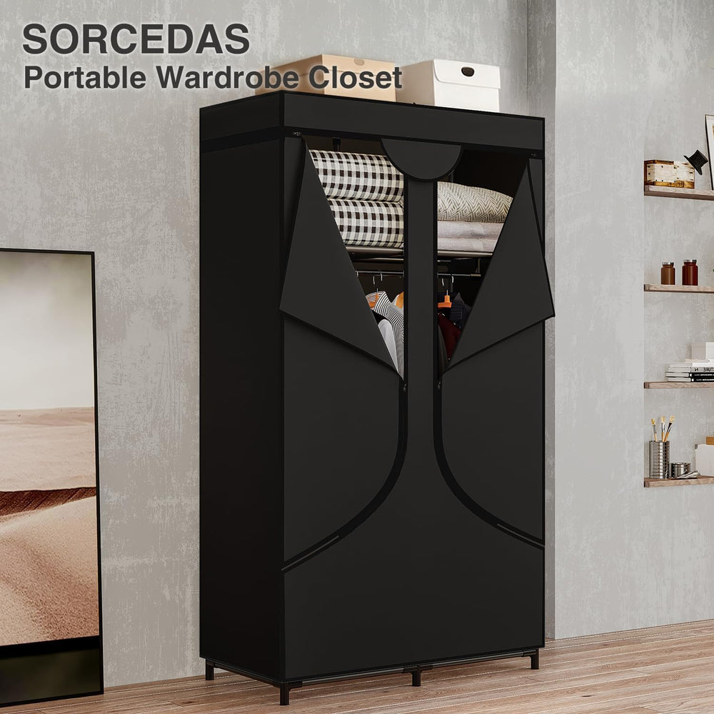 SORCEDAS Portable Closet with Hanging Rods and Shelves for Clothes Storage