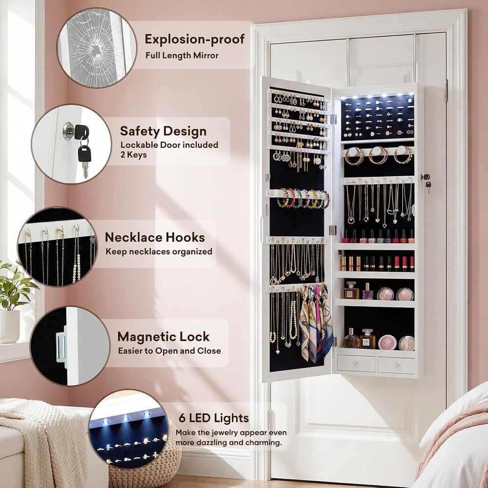 Antok 6 LEDs Jewelry Cabinet with Lock, 50" Full Length Mirror Wall Moun...