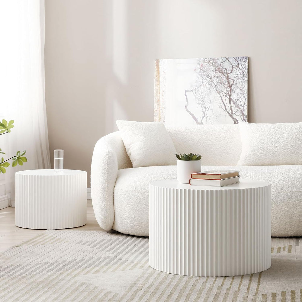 Round Nesting Coffee Table Set of 2, Modern Handcraft Wood Side Table Drum Ac...