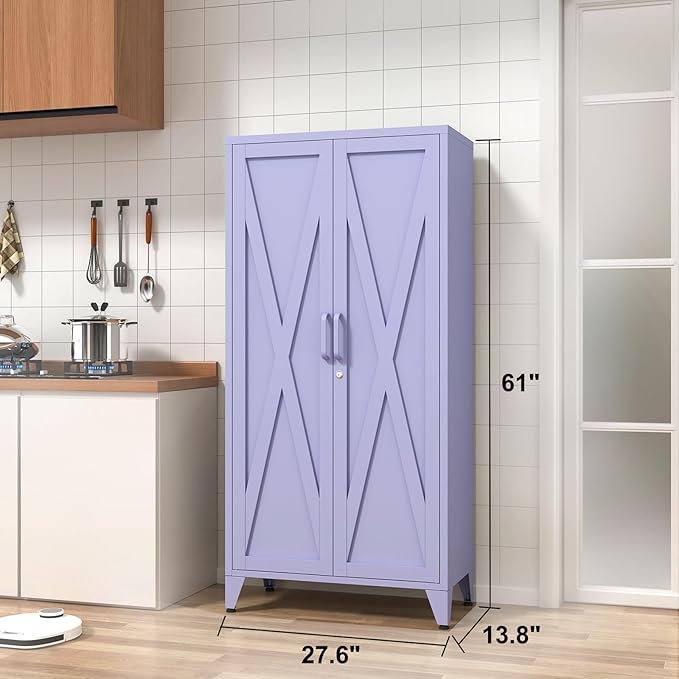 Heavy Duty 61" Lockable Pantry Cabinet, 2-Door 4-Tier Storage Cabinet wi...