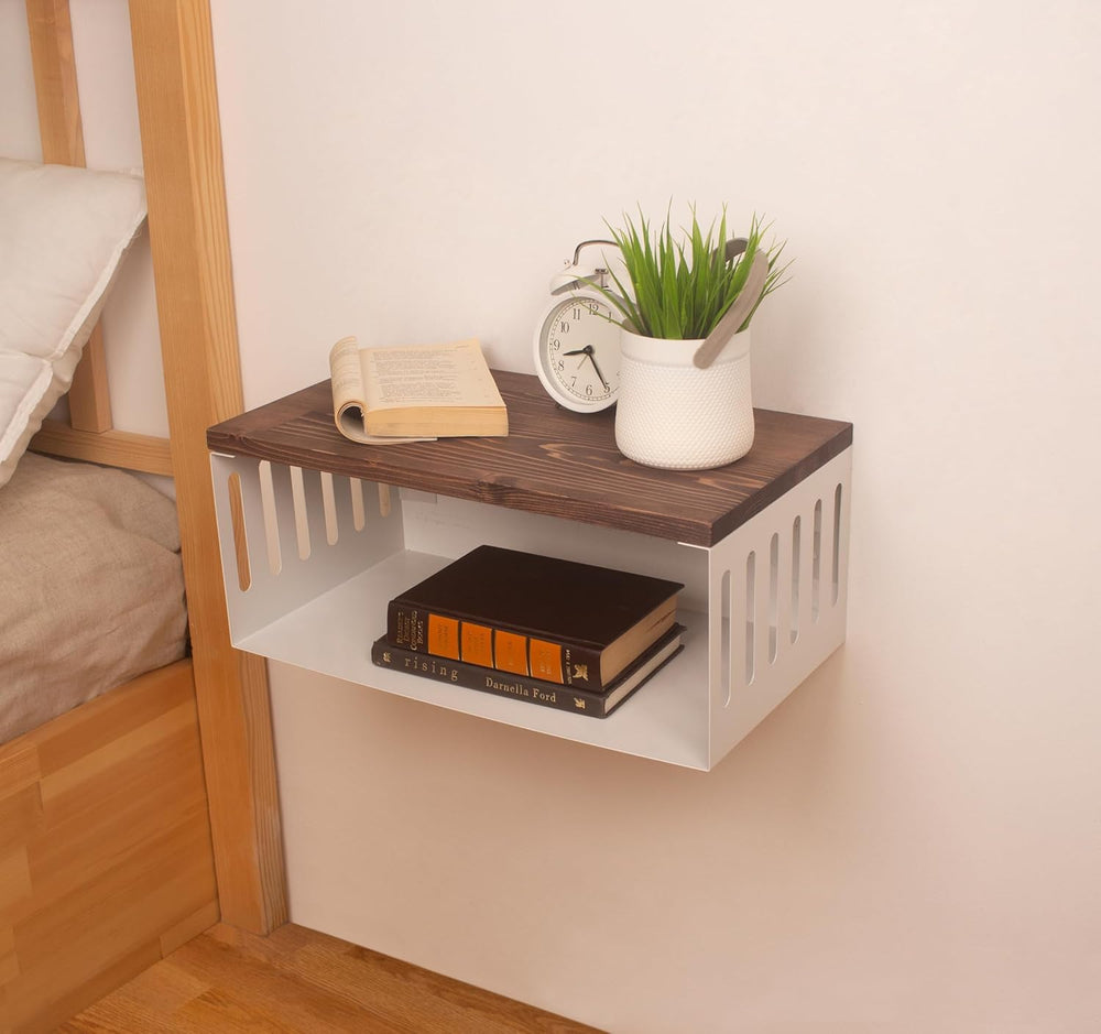 Floating Nightstand with White Metal Base, Wooden Top and Sturdy Metal Base, ...
