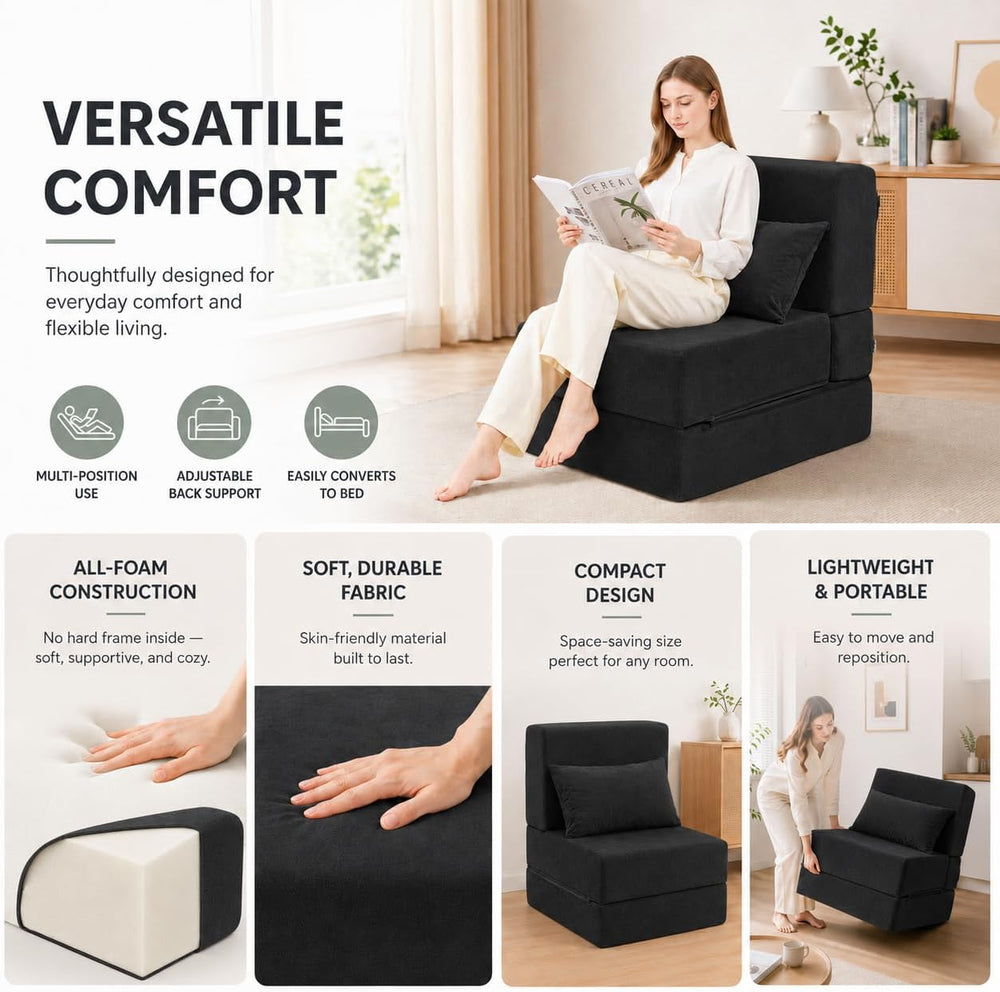 Folding Sofa Bed, Convertible Sleeper Chair, No Assembly, Black | Boneless So...