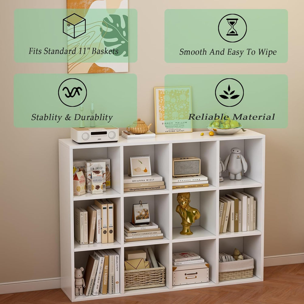 12-Cube Storage Shelf Bookcase - Wooden 3-Tier Floor Standing Open Bookshelf ...