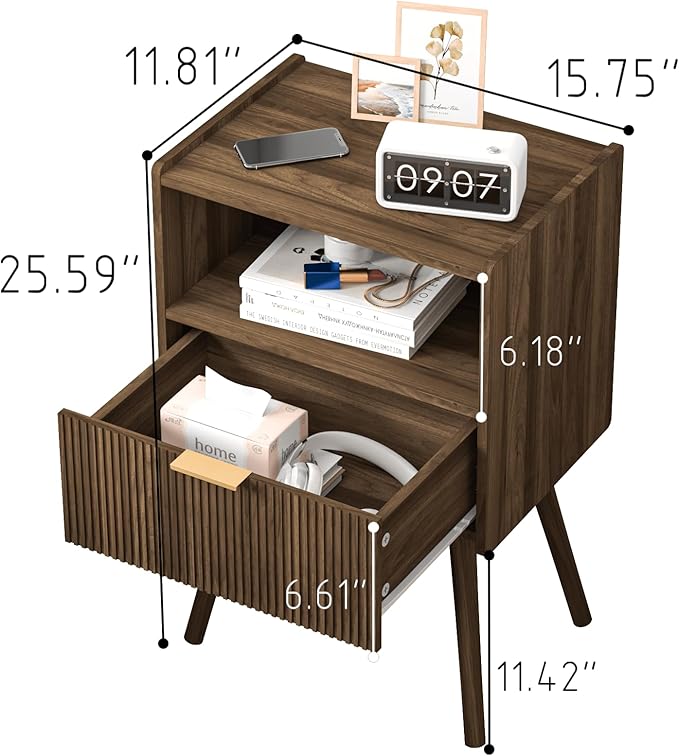 Nightstand,Modern Bedside Table with Storage Drawer and Open Wood Shelf, for ...
