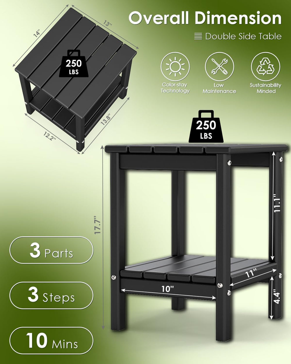GREENVINES Outdoor Side Table Set of 2, HDPE Adirondack Tables, Black