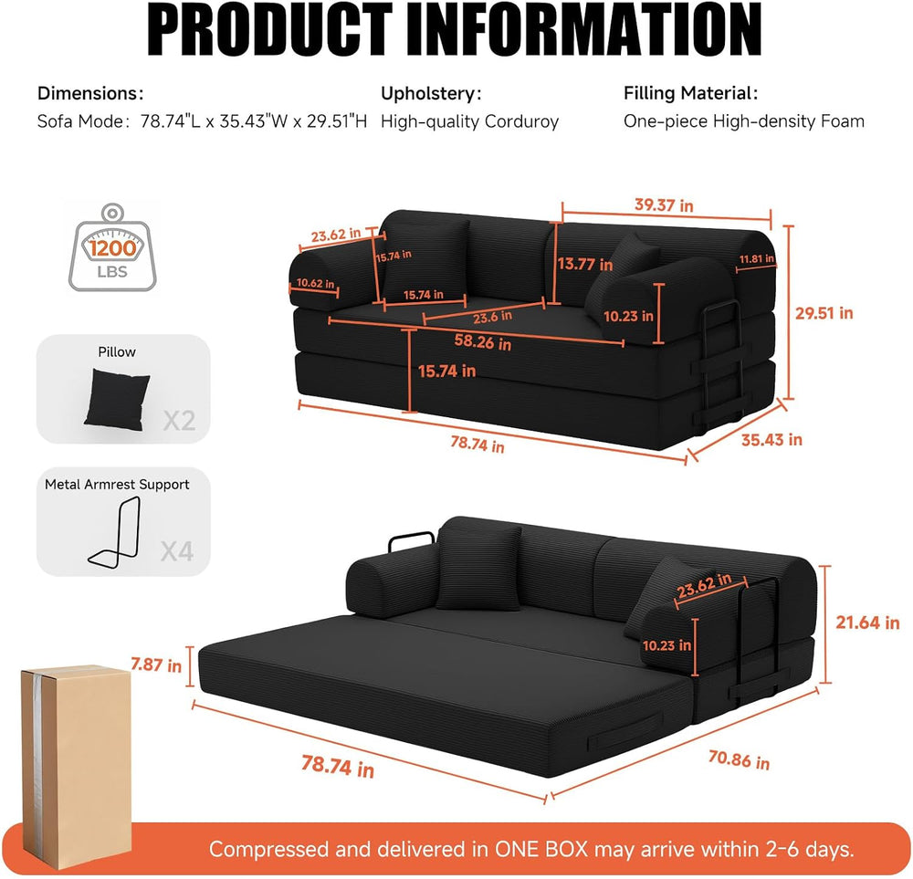 79" Memory Foam Sofa Bed, High Backrest Convertible Futon Boneless Couch