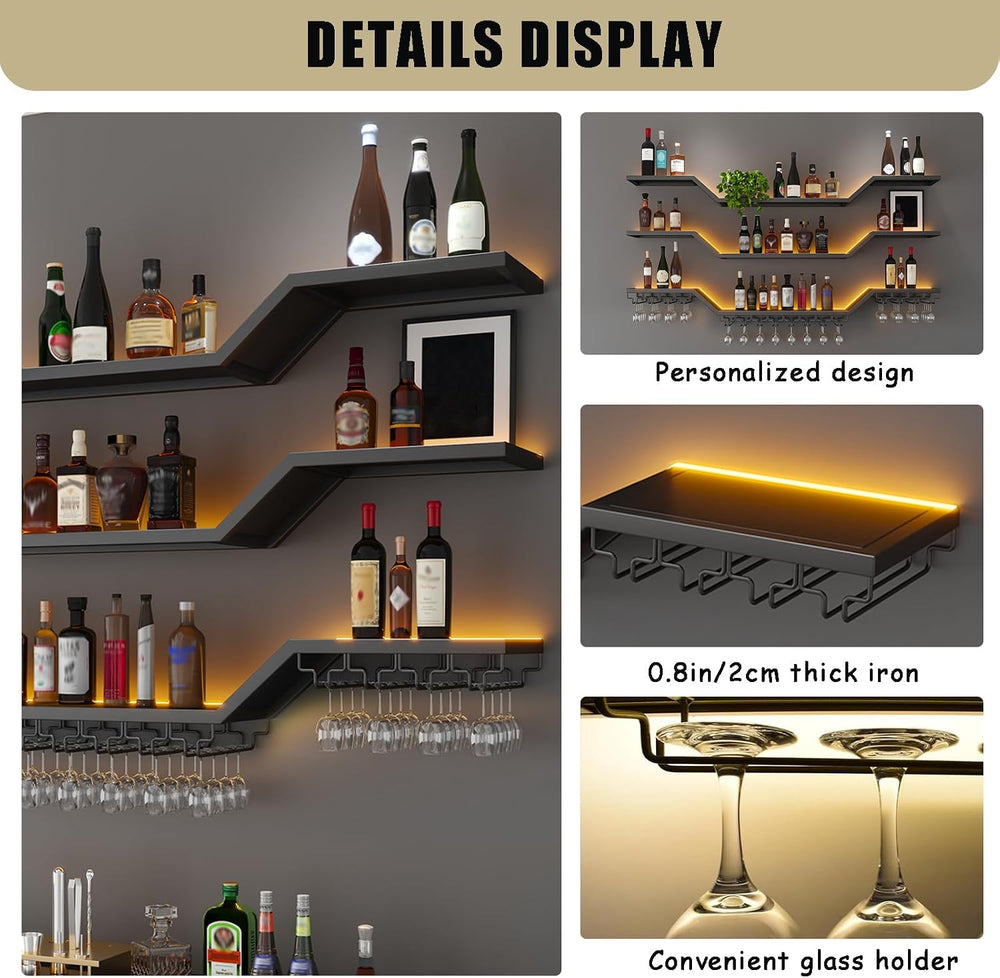 31.5"Modern LED Wine Rack Wall Mounted,3-Tier Floating Bar Shelves | Lar...