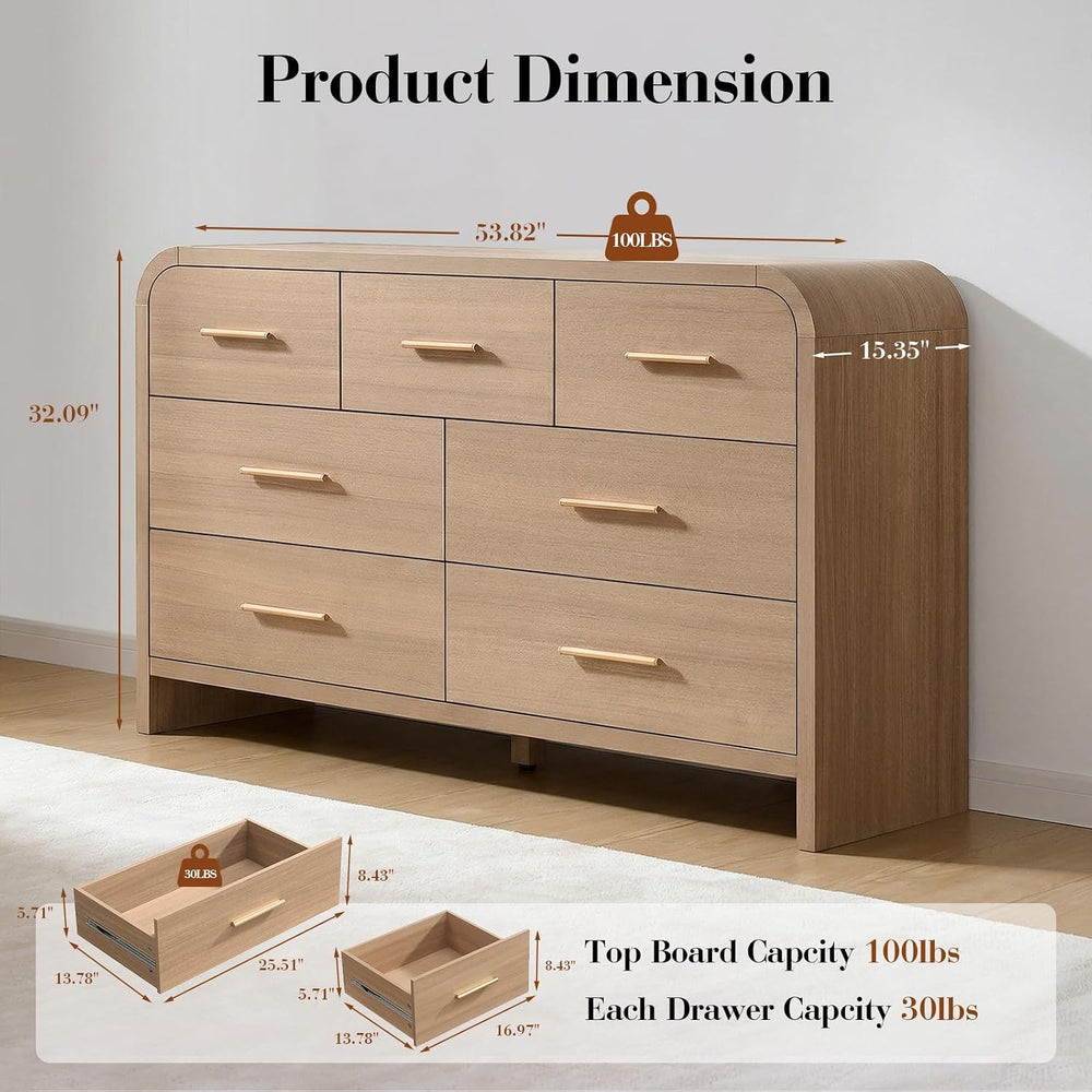 Curved Drawer Dresser for Bedroom with 7 Drawers, 54'' Wide Chest of ...