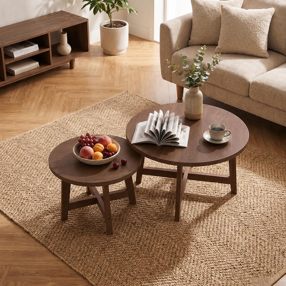 Set of 2 Round Nesting Coffee Tables,Walnut Tone | X-Shaped Frame, Stackable ...
