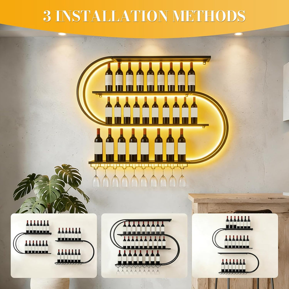 71" Modern Wall Mounted Wine Rack with LED Lights, 4-Tiers Wine Rack wit...