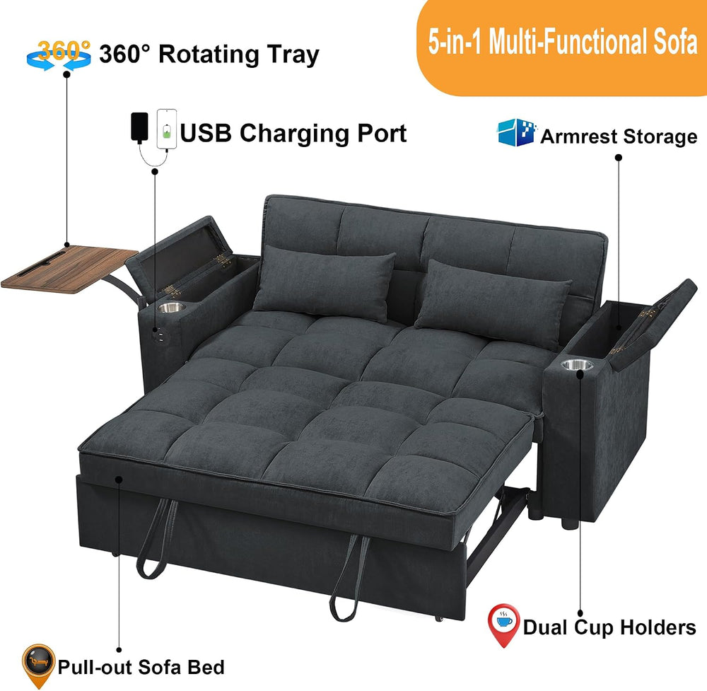 hansones 66" Multi-Functional Pull-Out Sofa Bed with Hidden Side Table, ...