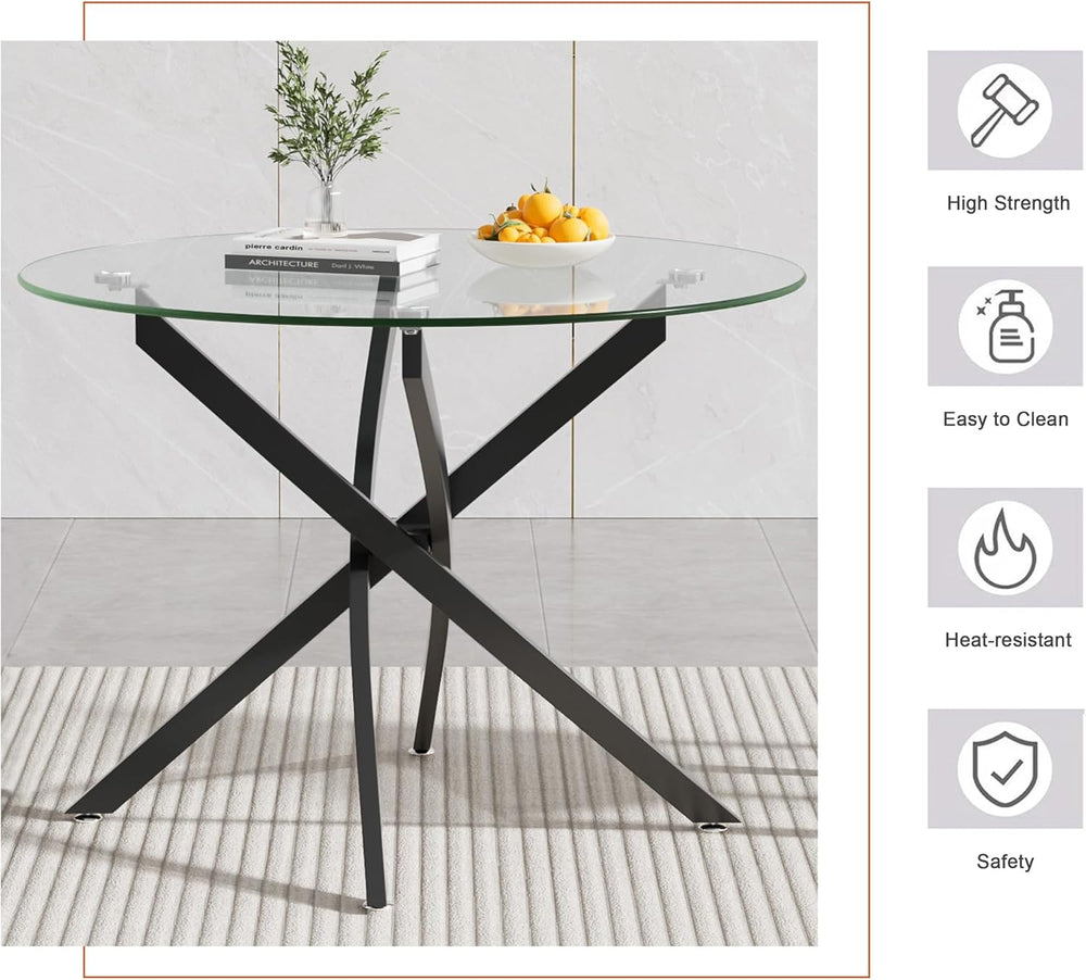 36" Round Glass Dining Table for 4, Circle Kitchen Table with Tempered G...
