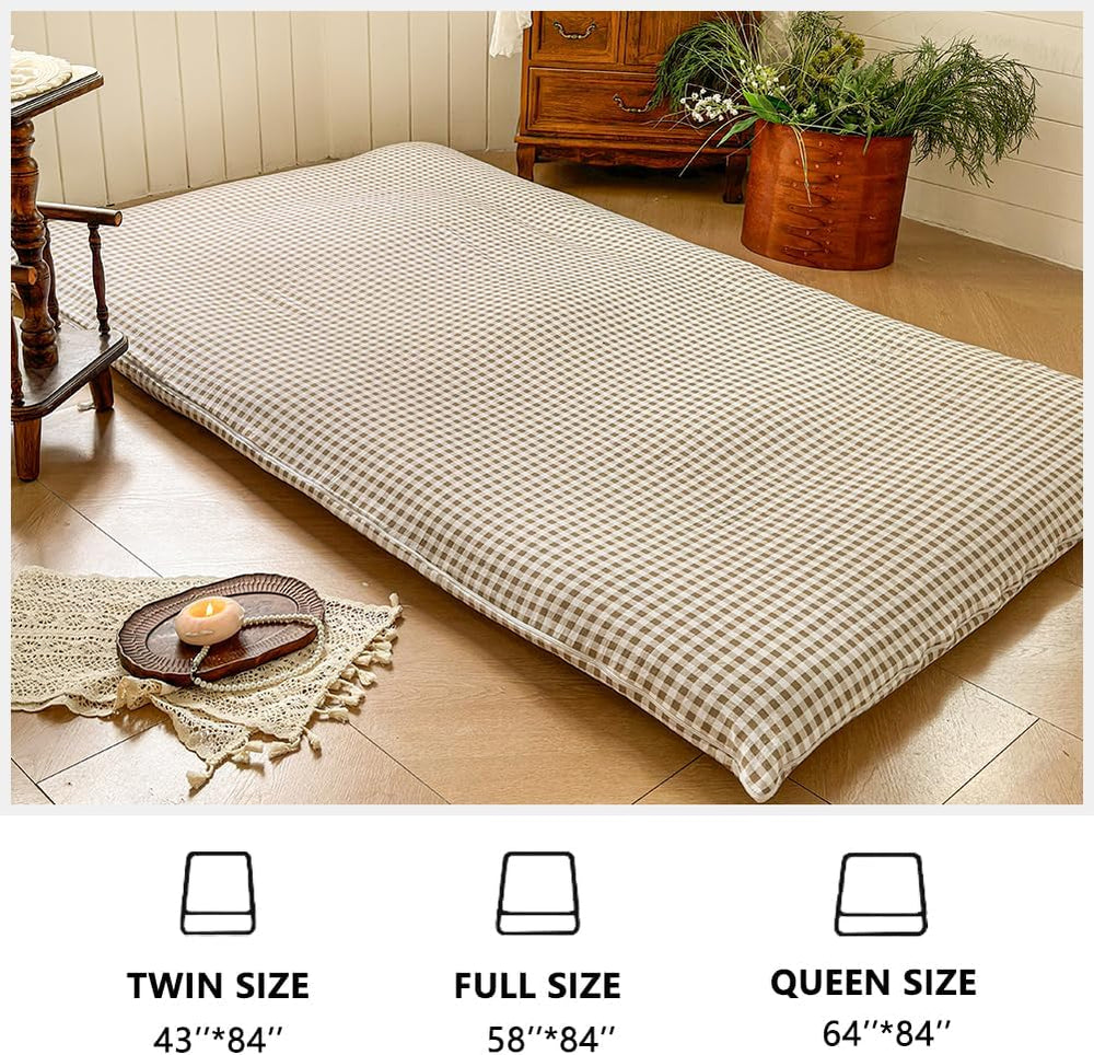 Tan Gingham Queen Japanese Floor Mattress Futon Cover for 3-4" Thick Pad