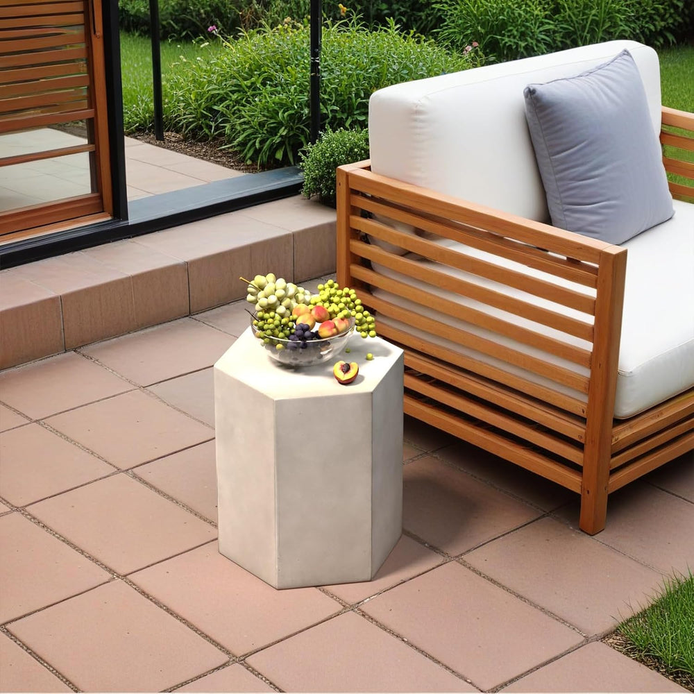 SUNBURY Outdoor Concrete Side Table, Hexagon 16" H Patio End Table