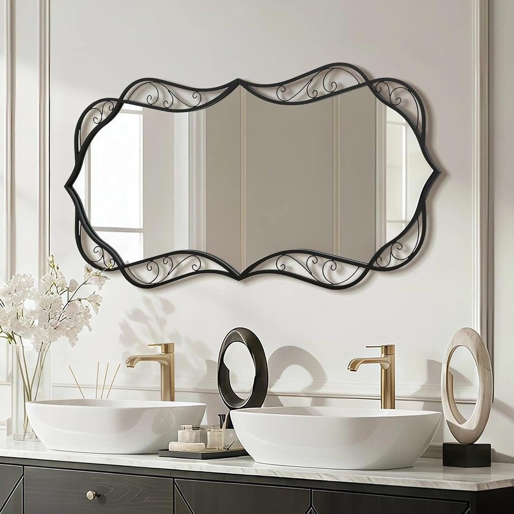 Besdomus Black Bathroom Wall Mirror: 24"x48" Framed Decorative Wavy...