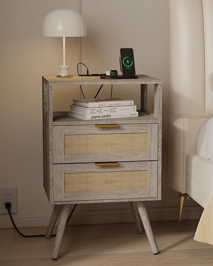 Rattan Nightstand with Charging Station,Farmhouse Bedside Table with 2 Storag...