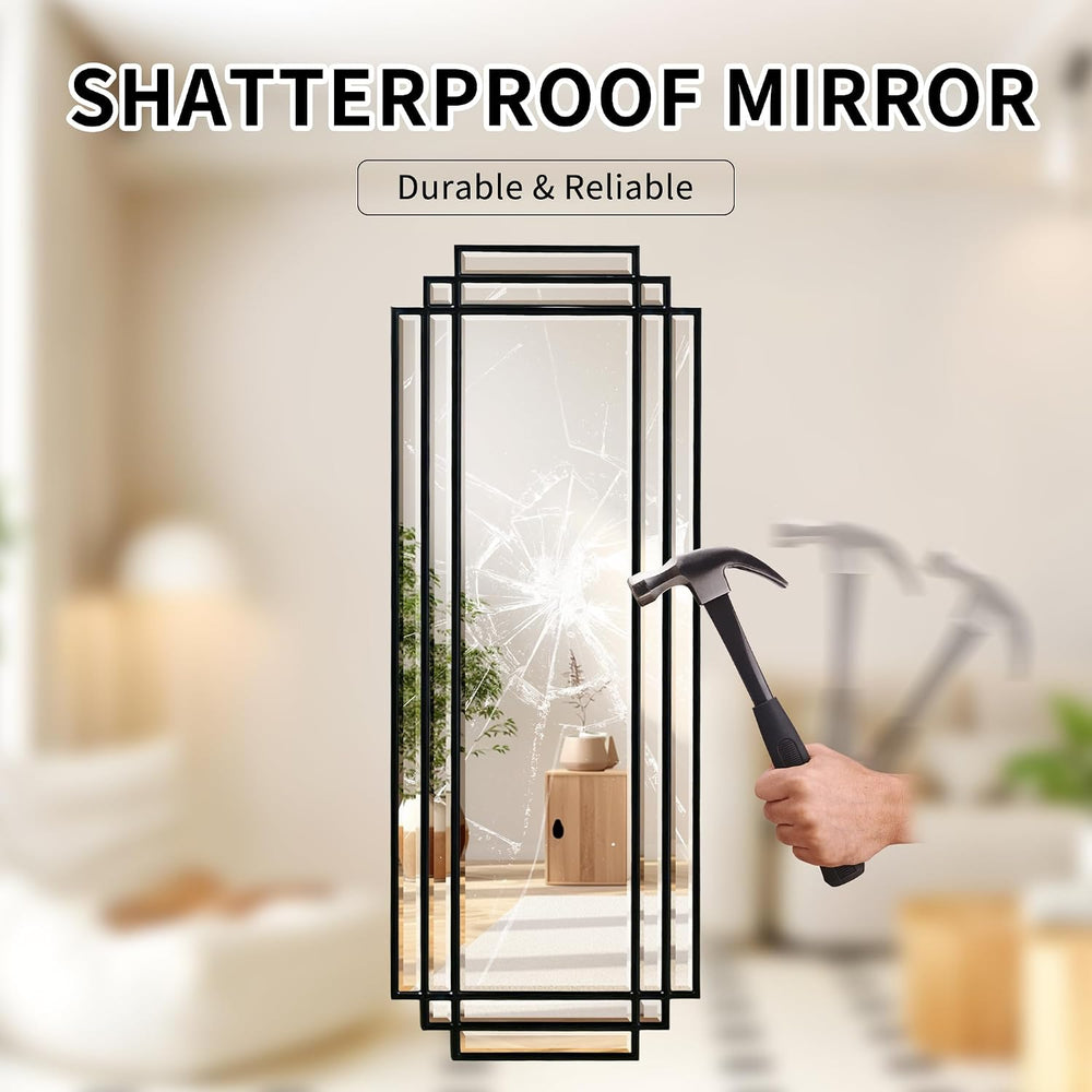 42"x16" Geometric Decorative Beveled Mirror with Black Wood Frame