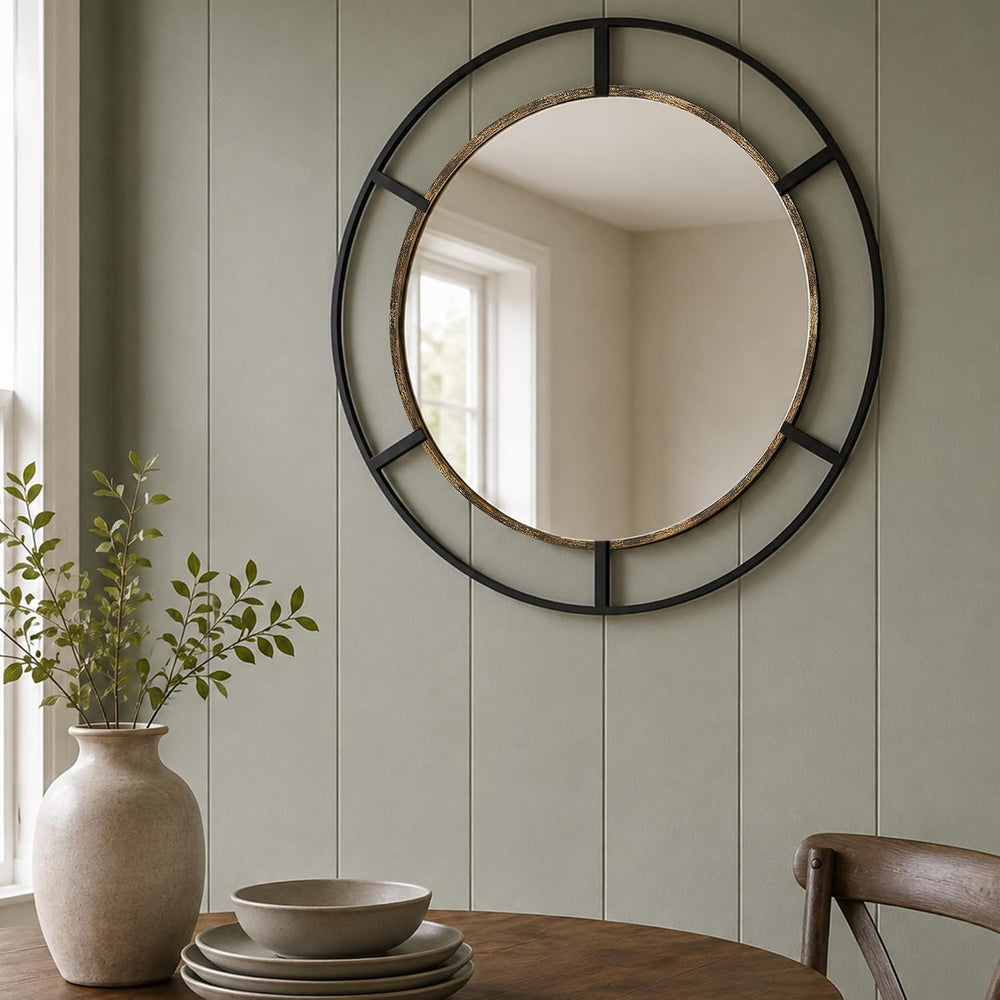 30 Inch Round Wall Mirror, Black & Antique Gold, Bathroom, Entryway