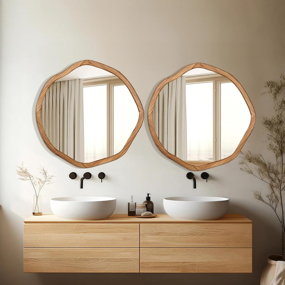 ULIKE Irregular Round Wood Mirror 30 Inch, Rustic Brown Wall Mirror
