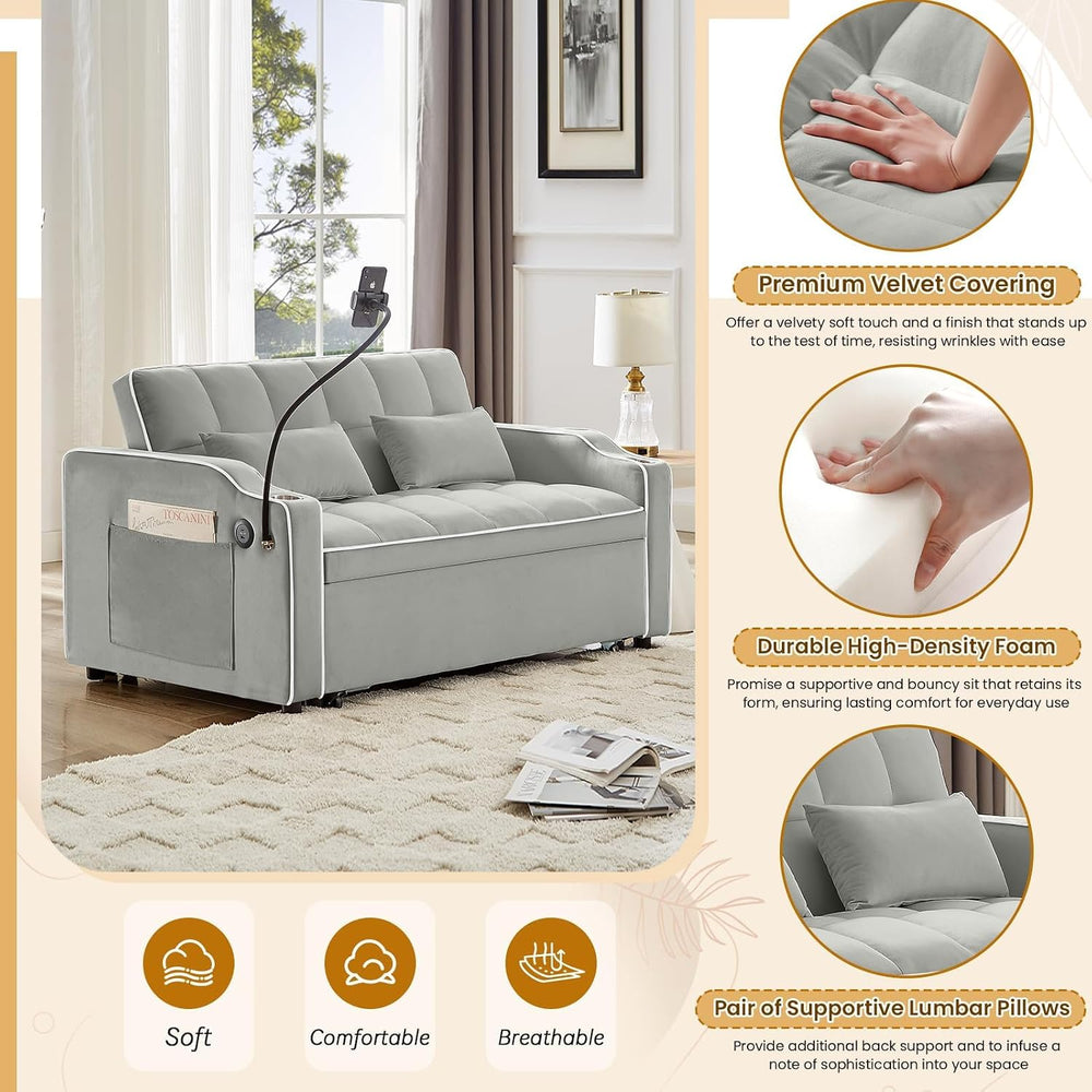 Sleeper Sofa Couch Bed with Phone Holder, Modern 3-in-1 Convertible Velvet Pu...